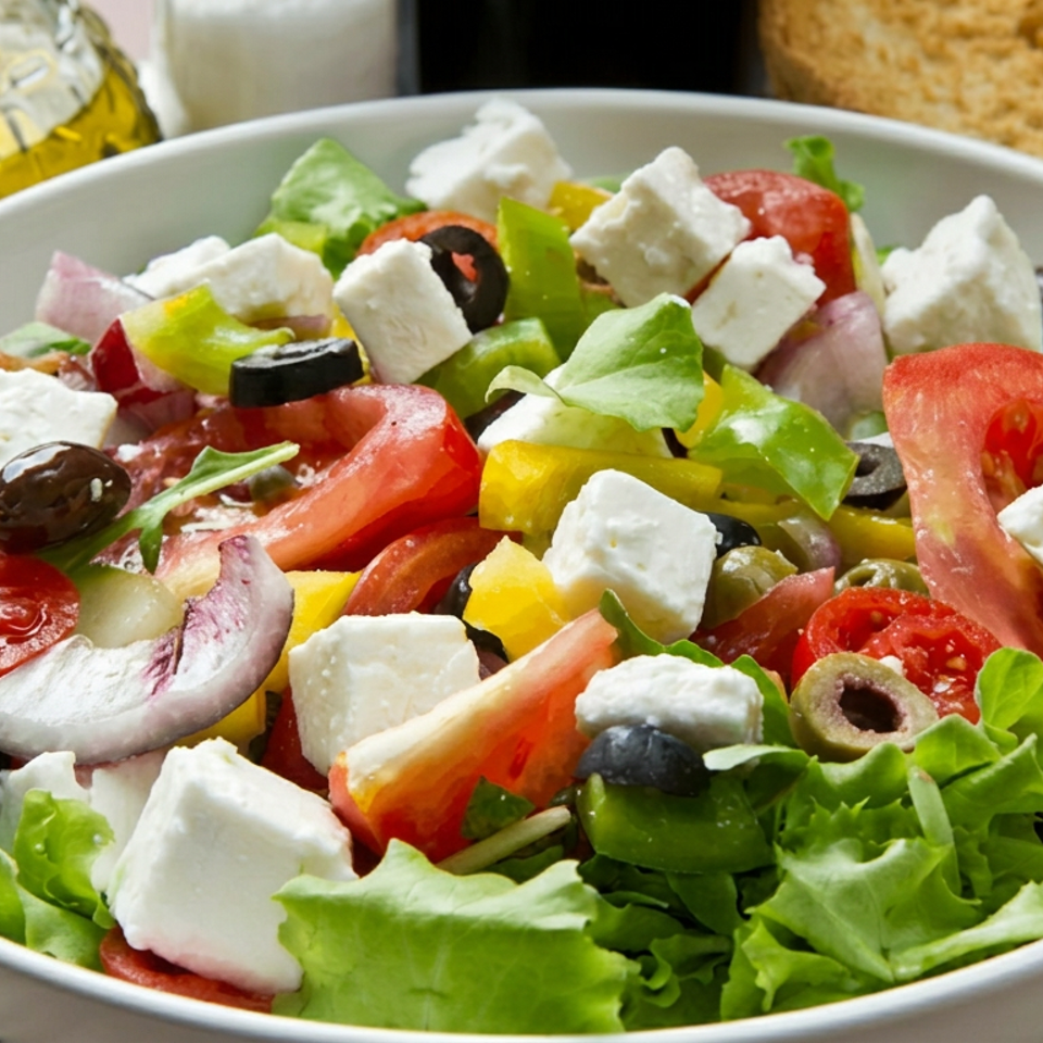 Greek salad with lettuce, tomatoes, peppers, olives, red onion, and feta cheese, served beside olive oil and bread.