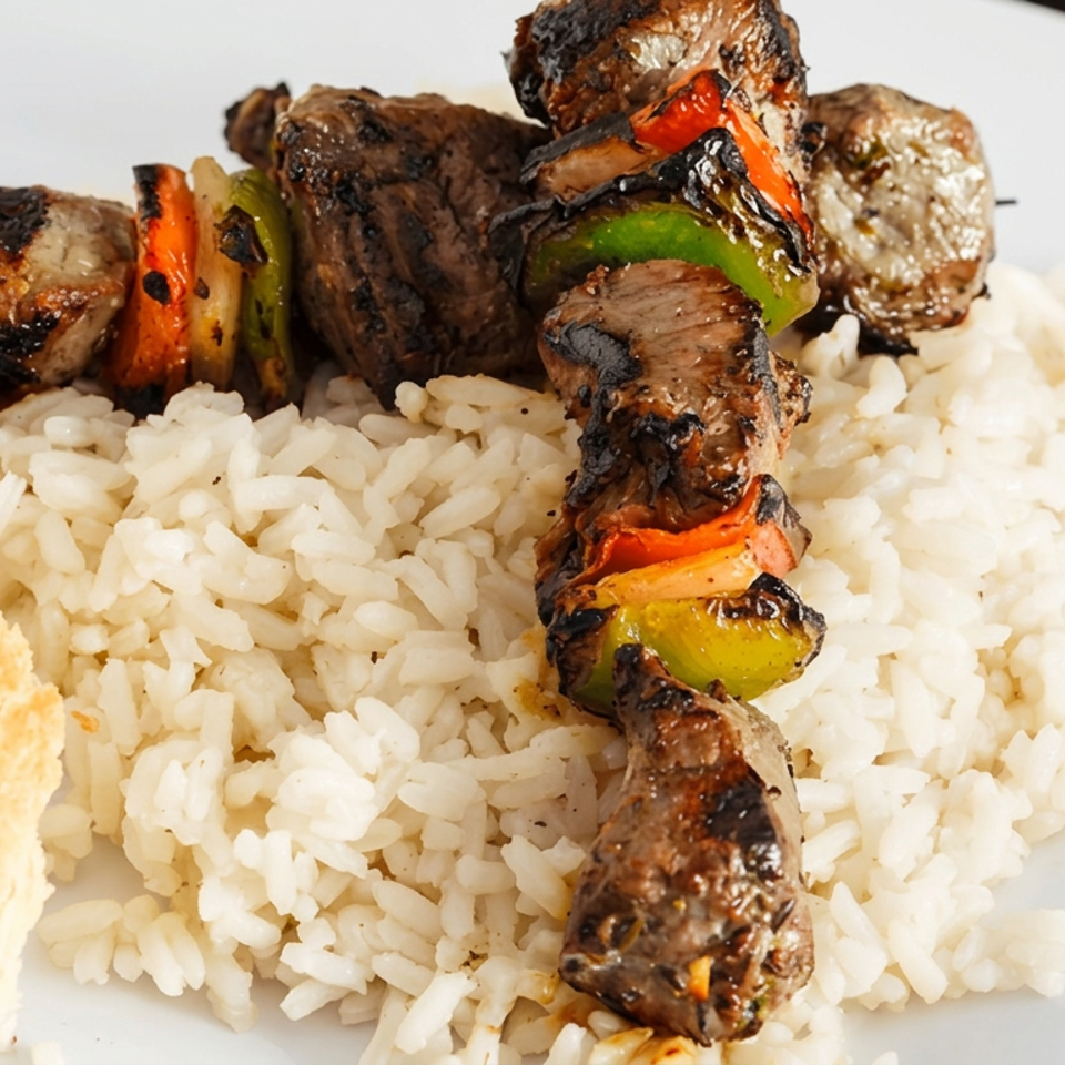 Grilled beef and vegetable skewers served over white rice with toasted flatbread on a white plate.