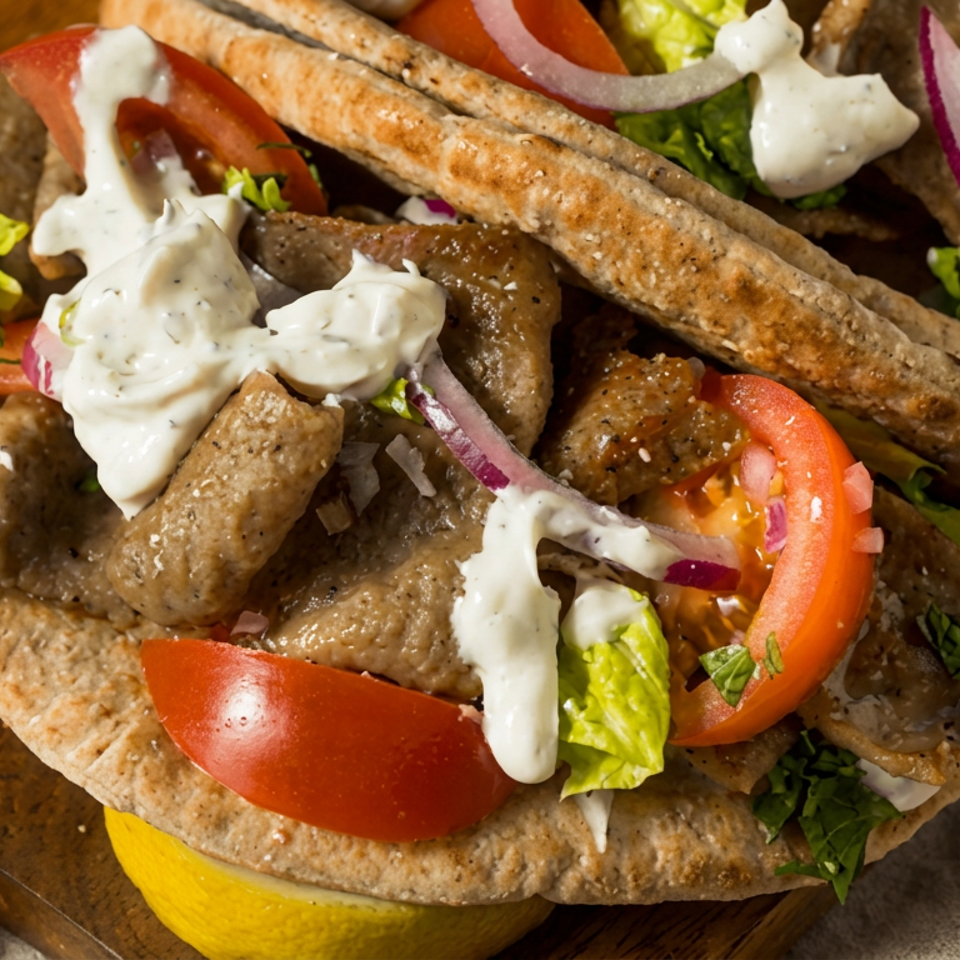Greek-style pita sandwiches filled with grilled meat, lettuce, tomatoes, red onion, and creamy garlic sauce on a wooden board.
